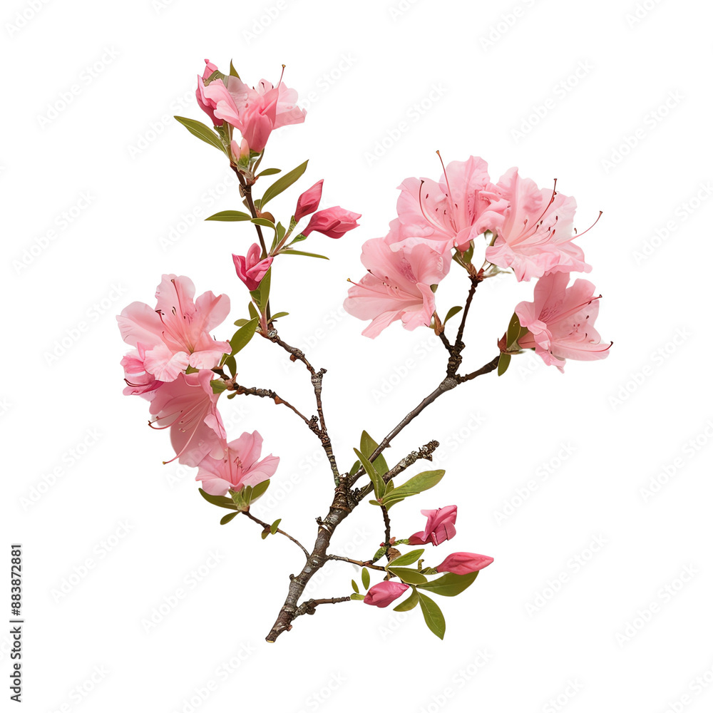 Obraz premium Close-up of a branch with vibrant pink blossoms and green leaves, captured in natural light, perfect for spring-themed projects and decor.
