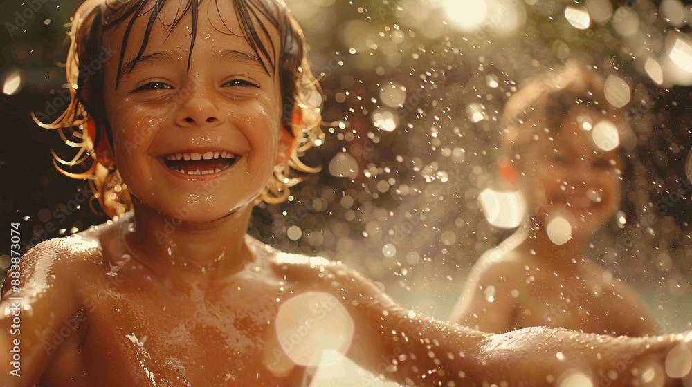 Children playing in a sprinkler on a sunny day, evoking joy and nostalgia, ideal for family, lifestyle, and summer campaigns. Children playing in a sprinkler on a sunny day, evoking joy and nostalgia, ideal for family, lifestyle, and summer campaigns.