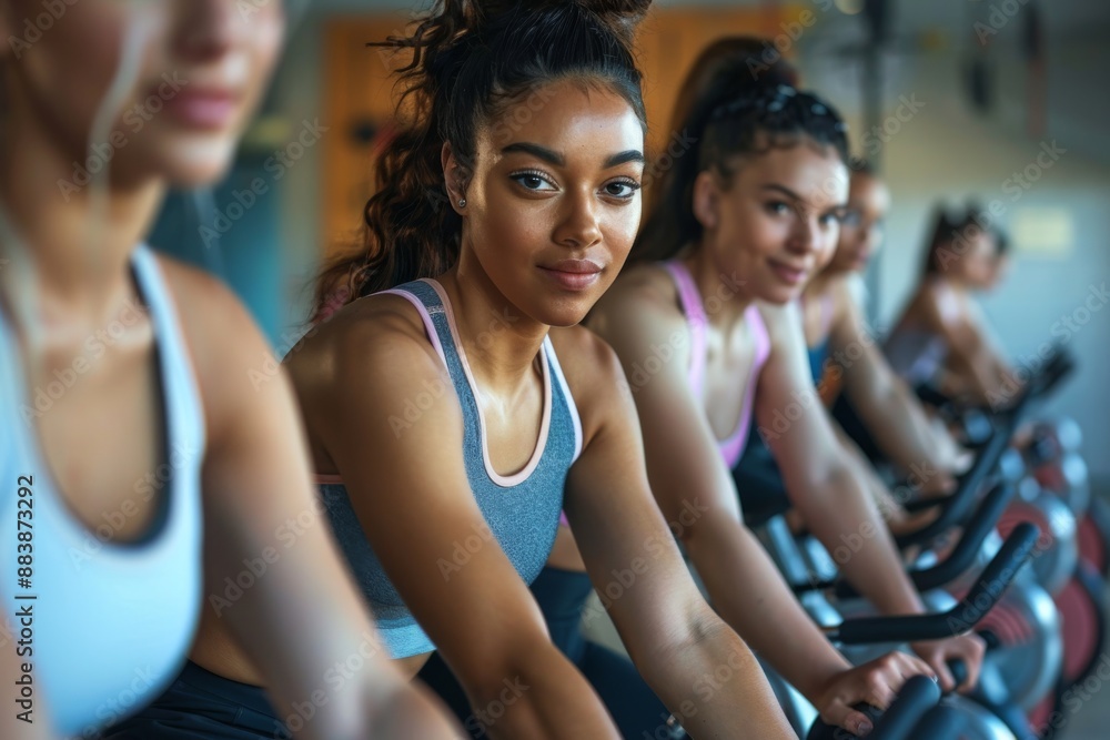 A closeup of young women cycling together in a fitness studio, with one woman's face looking directly at the camera A closeup of young women cycling together in a fitness studio, with one woman's face looking directly at the camera