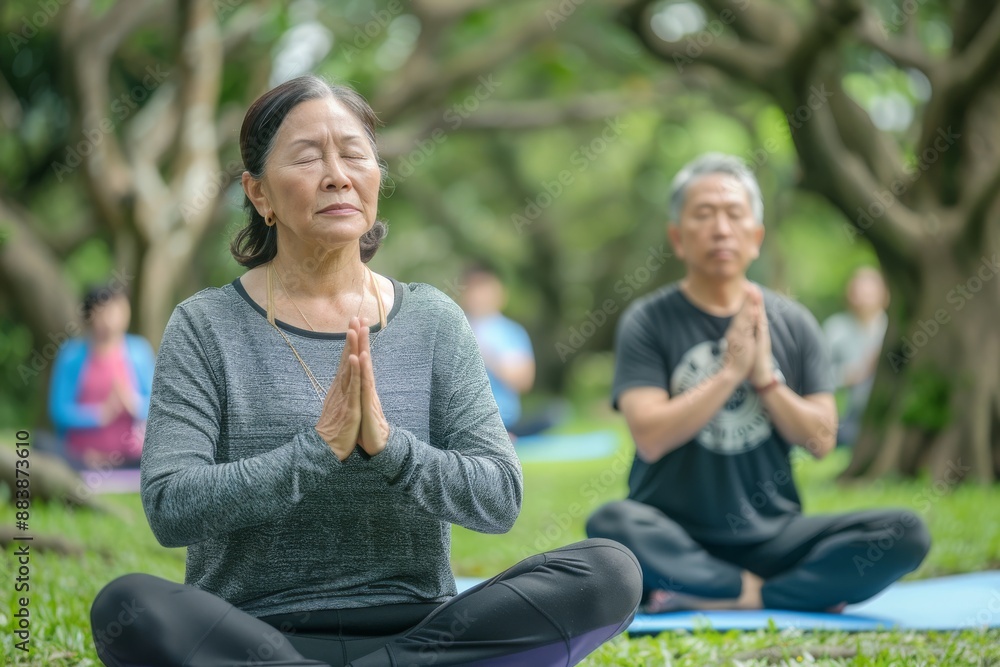 Obraz premium An Asian couple practices yoga together in a peaceful park setting, both with their eyes closed in a meditative pose