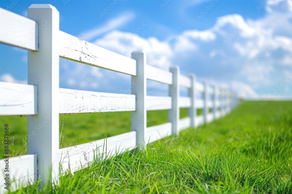 Fototapeta premium A white fence with green grass and blue sky