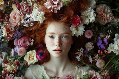 A woman with a flowery hairstyle is surrounded by flowers