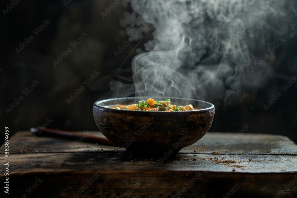 A steaming bowl of soup sits on a rustic wooden table. The bowl is made of dark pottery and the soup appears to be a hearty vegetable broth with fresh herbs A steaming bowl of soup sits on a rustic wooden table. The bowl is made of dark pottery and the soup appears to be a hearty vegetable broth with fresh herbs