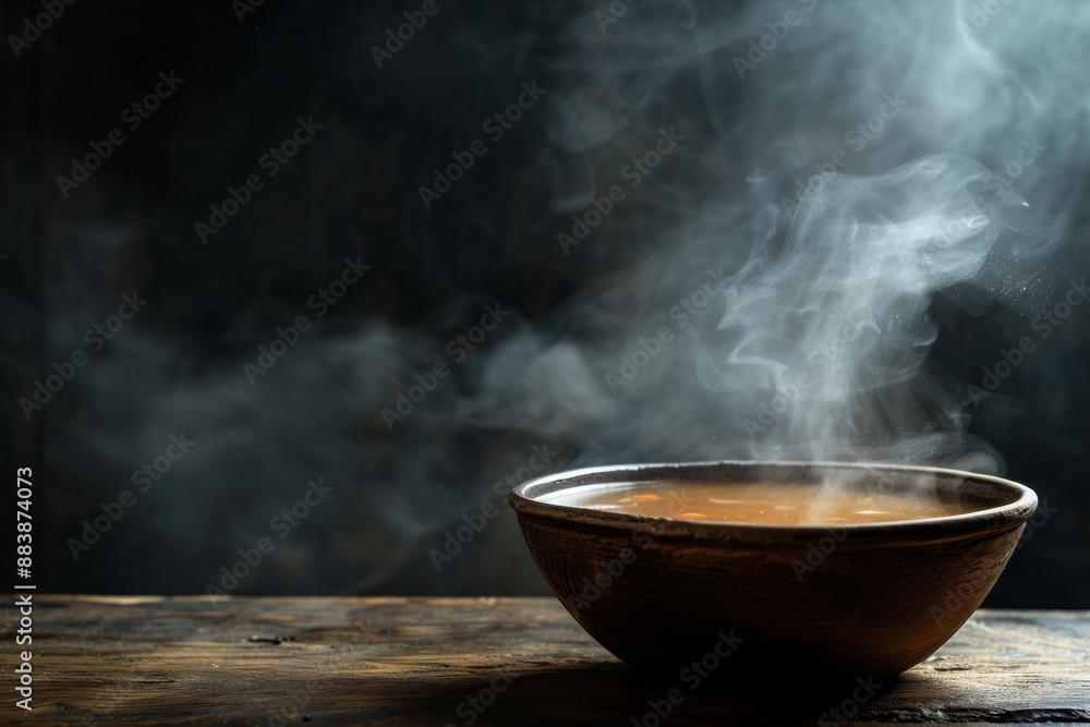 A steaming bowl of soup sits on a rustic wooden table against a dark background A steaming bowl of soup sits on a rustic wooden table against a dark background