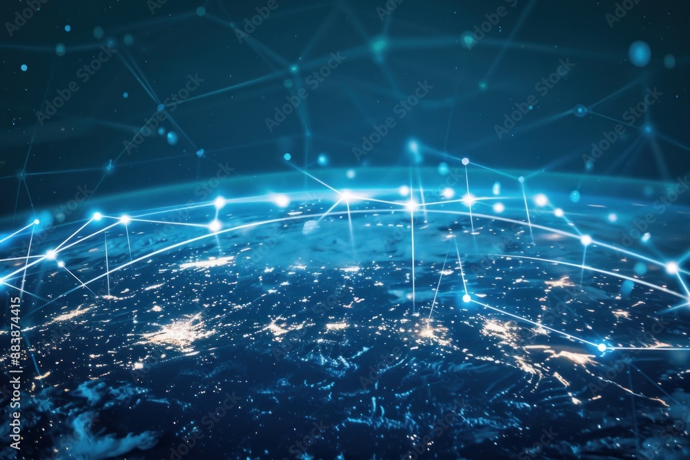 A blue and white image of the world with many lines connecting it A blue and white image of the world with many lines connecting it