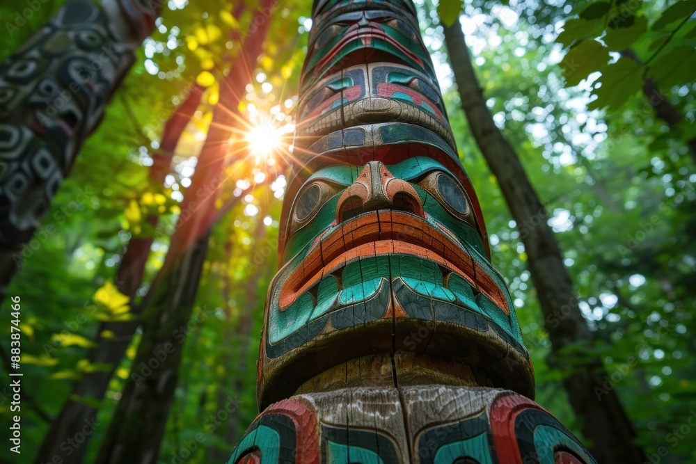 A Close up colorful totem pole standing in a lush forest with sunlight, creating a serene and mystical atmosphere A Close up colorful totem pole standing in a lush forest with sunlight, creating a serene and mystical atmosphere