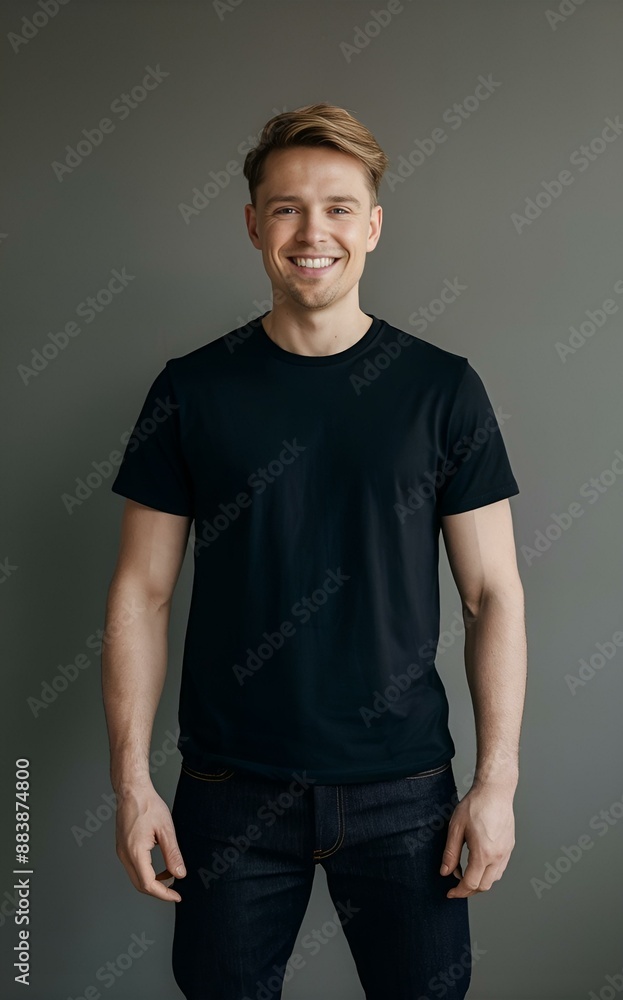 A man wearing a black t-shirt. He is smiling and appears to be in a good mood. The man is standing against a gray background, t-shirt mockup. A man wearing a black t-shirt. He is smiling and appears to be in a good mood. The man is standing against a gray background, t-shirt mockup.