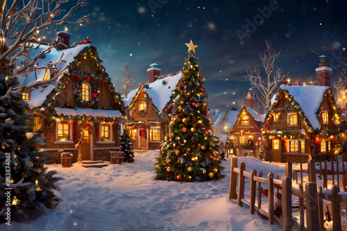 Christmas and new year postcard with illuminated village, cozy houses, decorated christmas trees, festive, magic new year background, winter bokeh, template for design, greeting postcard, copy space.