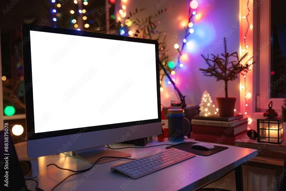 A computer mockup white screen glowing , room with Christmas decor with colored glowing garlands at night A computer mockup white screen glowing , room with Christmas decor with colored glowing garlands at night