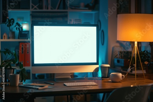 A computer mockup white screen glowing , decor, and a dim light from a lamp on a table in a dark office room