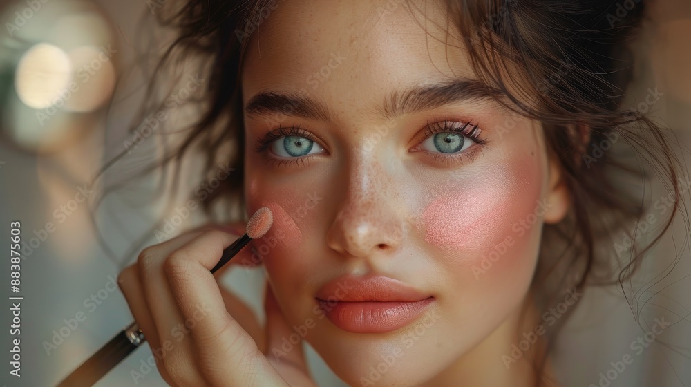 Beautiful young woman applying foundation powder or blush with makeup brush,girl holding make-up brushes and make up on face with skincare,pink cheek girl,cosmetics set,facial beauty. Beautiful young woman applying foundation powder or blush with makeup brush,girl holding make-up brushes and make up on face with skincare,pink cheek girl,cosmetics set,facial beauty.