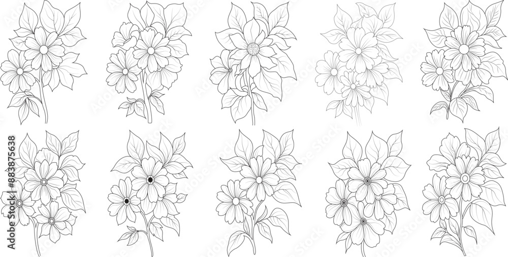 Collection Of Outline Flower Bouquet With Branches And Leaves.01 Collection Of Outline Flower Bouquet With Branches And Leaves.01