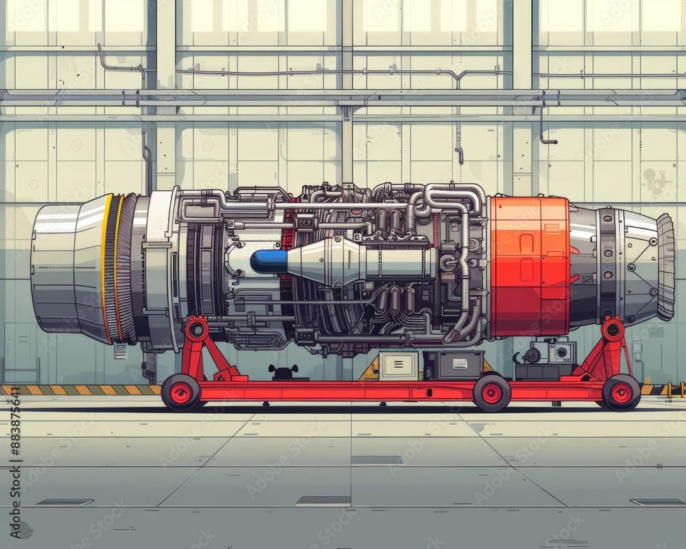 High-resolution image of a large jet engine on a red platform inside an ...