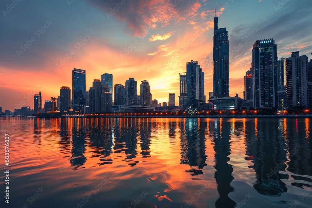 Fototapeta premium Big city skyline reflected in water during sunset, skyline at sunset, with a beautiful orange and pink sky reflecting off the skyscrapers, AI generated