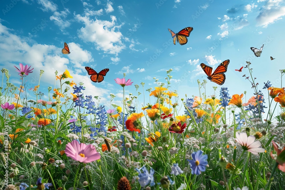 butterflies flying over a field of flowers butterflies flying over a field of flowers