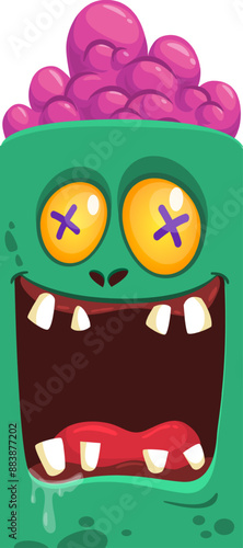Cartoon funny green zombie character design with scary face expression. Halloween vector illustration isolated on white. Party poster, package design 