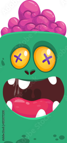 Cartoon funny green zombie character design with scary face expression. Halloween vector illustration isolated on white. Party poster, package design 