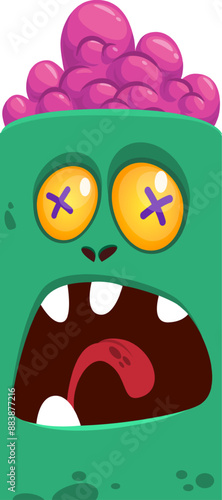 Cartoon funny green zombie character design with scary face expression. Halloween vector illustration isolated on white. Party poster, package design 