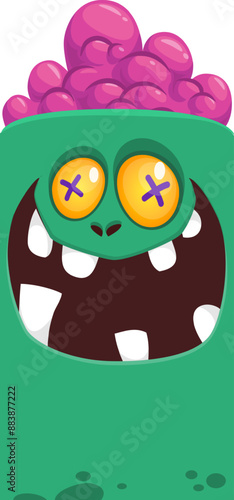 Cartoon funny green zombie character design with scary face expression. Halloween vector illustration isolated on white. Party poster, package design 