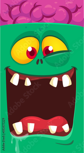 Cartoon funny green zombie character design with scary face expression. Halloween vector illustration isolated on white. Party poster, package design 