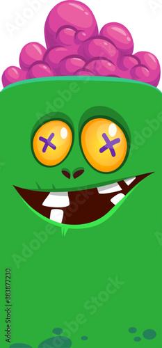 Cartoon funny green zombie character design with scary face expression. Halloween vector illustration isolated on white. Party poster, package design 