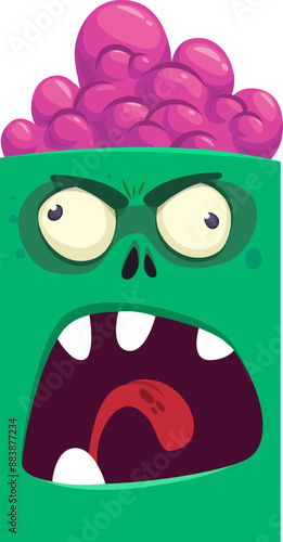 Cartoon funny green zombie character design with scary face expression. Halloween vector illustration isolated on white. Party poster, package design 
