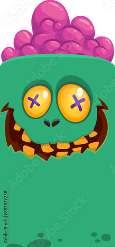 Cartoon funny green zombie character design with scary face expression. Halloween vector illustration isolated on white. Party poster, package design 