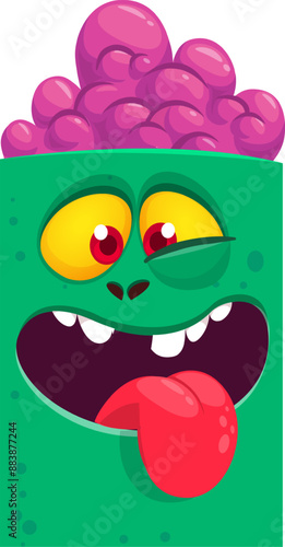 Cartoon funny green zombie character design with scary face expression. Halloween vector illustration isolated on white. Party poster, package design 
