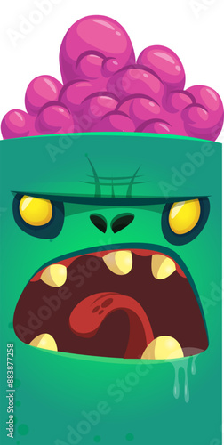 Cartoon funny green zombie character design with scary face expression. Halloween vector illustration isolated on white. Party poster, package design 