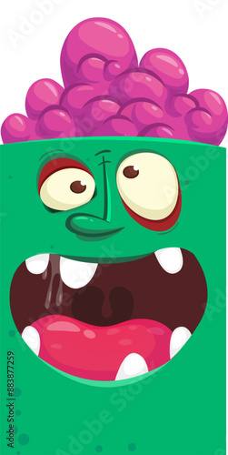 Cartoon funny green zombie character design with scary face expression. Halloween vector illustration isolated on white. Party poster, package design 