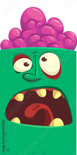 Cartoon funny green zombie character design with scary face expression. Halloween vector illustration isolated on white. Party poster, package design 