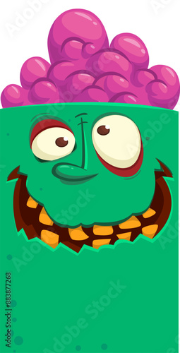 Cartoon funny green zombie character design with scary face expression. Halloween vector illustration isolated on white. Party poster, package design 