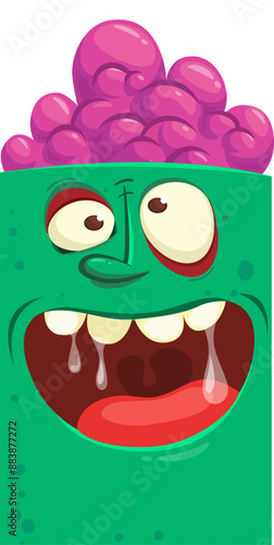Cartoon funny green zombie character design with scary face expression. Halloween vector illustration isolated on white. Party poster, package design 