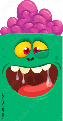 Cartoon funny green zombie character design with scary face expression. Halloween vector illustration isolated on white. Party poster, package design 