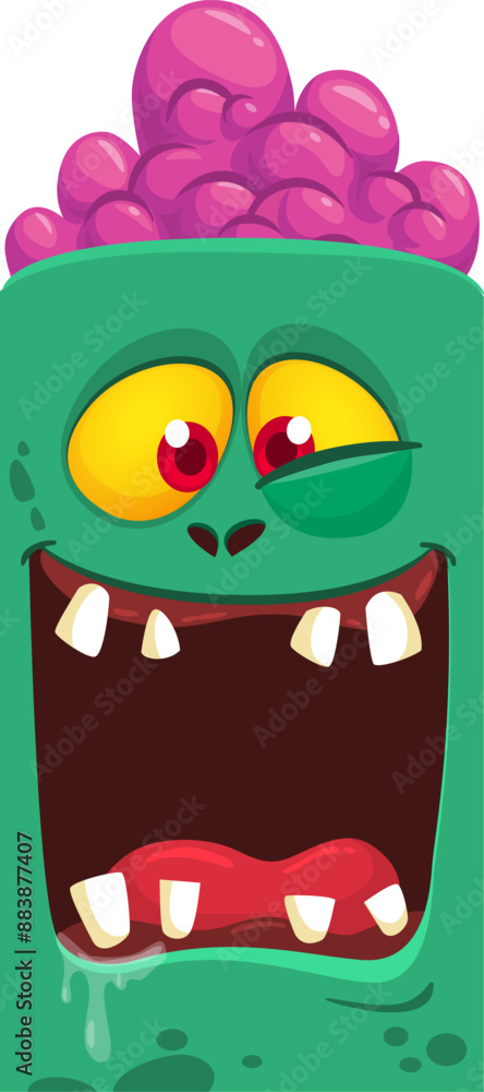 Fototapeta premium Cartoon funny green zombie character design with scary face expression. Halloween vector illustration isolated on white. Party poster, package design 