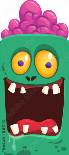 Cartoon funny green zombie character design with scary face expression. Halloween vector illustration isolated on white. Party poster, package design 