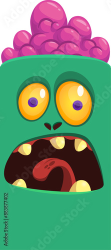 Cartoon funny green zombie character design with scary face expression. Halloween vector illustration isolated on white. Party poster, package design 