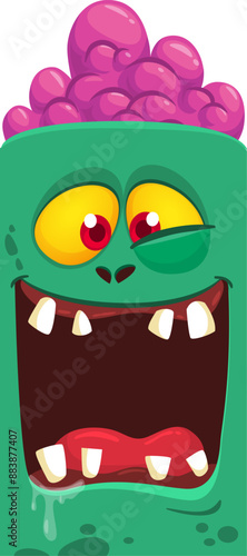 Cartoon funny green zombie character design with scary face expression. Halloween vector illustration isolated on white. Party poster, package design 