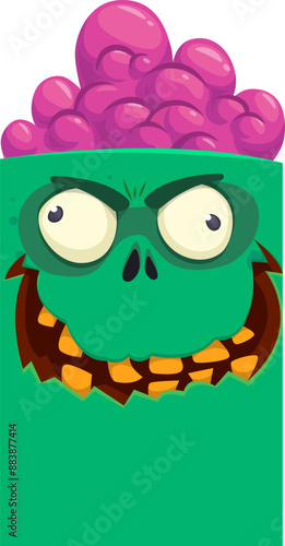 Cartoon funny green zombie character design with scary face expression. Halloween vector illustration isolated on white. Party poster, package design 