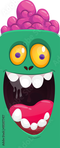 Cartoon funny green zombie character design with scary face expression. Halloween vector illustration isolated on white. Party poster, package design 
