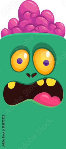 Cartoon funny green zombie character design with scary face expression. Halloween vector illustration isolated on white. Party poster, package design 