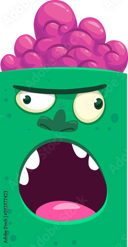 Cartoon funny green zombie character design with scary face expression. Halloween vector illustration isolated on white. Party poster, package design 