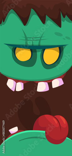 Cartoon funny green zombie character design with scary face expression. Halloween vector illustration isolated on white. Party poster, package design 