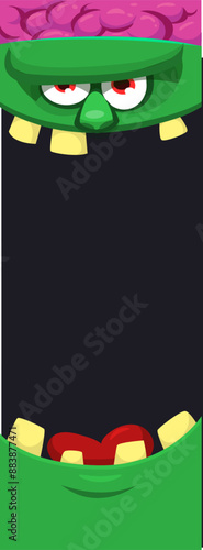 Cartoon funny green zombie character design with scary face expression. Halloween vector illustration isolated on white. Party poster, package design 