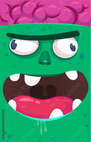 Cartoon funny green zombie character design with scary face expression. Halloween vector illustration isolated on white. Party poster, package design 