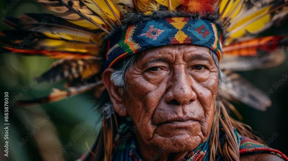 Portrait of an indigenous Amazonian an in traditional coloring and colored feathers. Portrait of an indigenous Amazonian an in traditional coloring and colored feathers.
