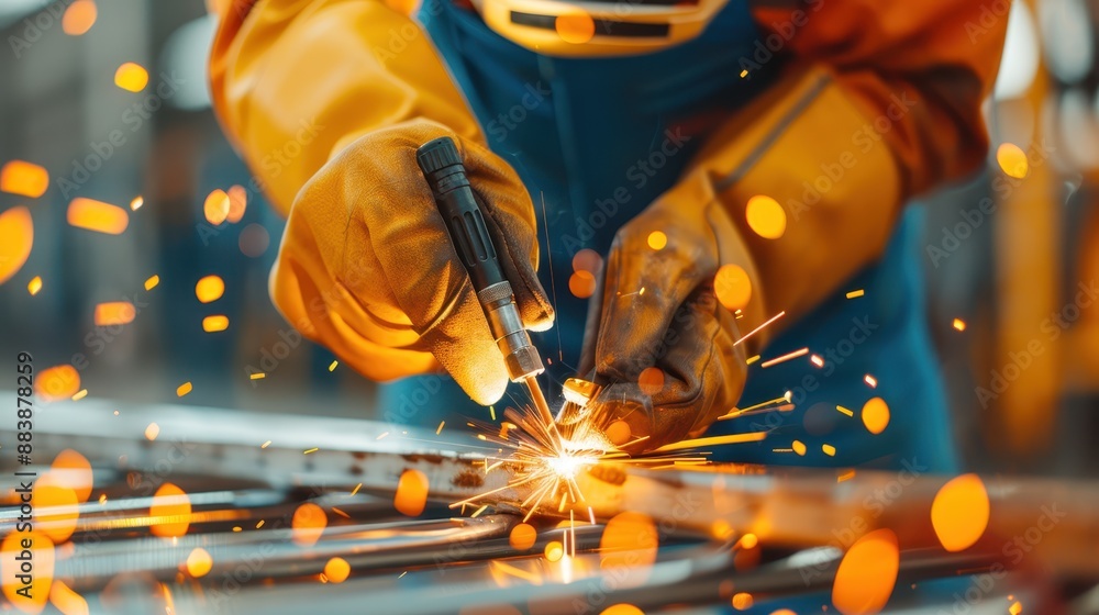 A detailed close-up of the welding process, showing bright sparks and protective gear as a worker welds metal, highlighting the intensity and precision required for the job. A detailed close-up of the welding process, showing bright sparks and protective gear as a worker welds metal, highlighting the intensity and precision required for the job.