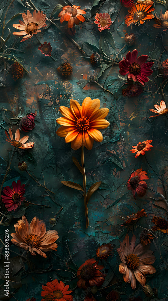 Vibrant Flower Stands Out Among Wilted Flowers Beauty and Resilience in Whimsical Background | Photo Stock Concept Vibrant Flower Stands Out Among Wilted Flowers Beauty and Resilience in Whimsical Background | Photo Stock Concept