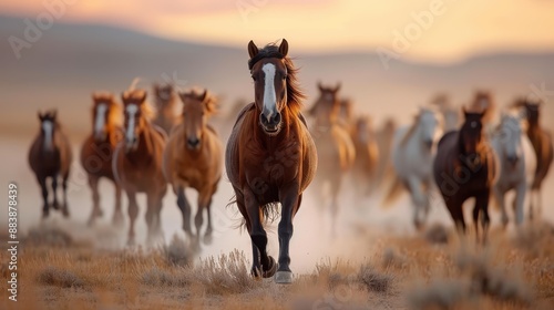 A group of wild horses gallop across a dry, open landscape under the sunset sky, capturing the spirit of freedom, wildness, and natural beauty in a dramatic and cinematic setting. photo