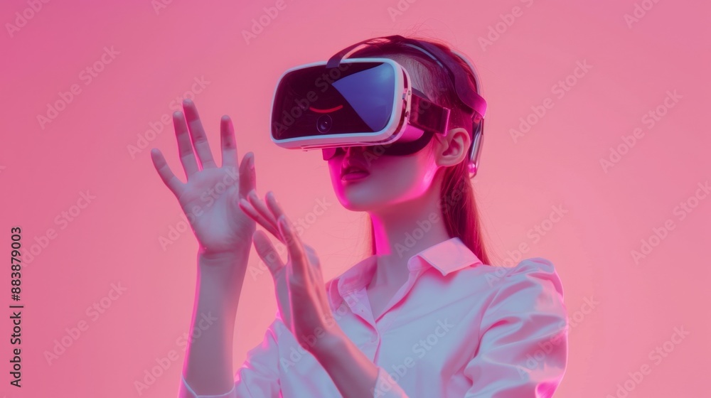 Young Asian woman in VR headset experiencing virtual reality on pink background, gesturing with hands. Young Asian woman in VR headset experiencing virtual reality on pink background, gesturing with hands.